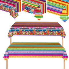 3 Pieces Different Mexican Fiesta Tablecloth Disposable Plastic Table Covers for Cinco de Mayo Mexico Theme Party Supplies Floral Stripes Rectangle Table Covers（108 x 54 Inches）