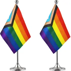 2 Pack Progress Pride Rainbow Desk Flag Small Mini Gay LGBT Table Flags With Stand Base,Rainbow Mardi Gras Festival Events Celebration Decorations