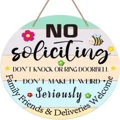 Funny No Soliciting Sign for House, 11.3" Farmhouse Family Friends & Deliveries Welcome Sign for Home Front Door Wreath Wall Decorations, No Soliciting Sign for Home Door Decor