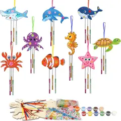 36 Pack Summer Wind Chime Craft Kit for Kids Make You Own Ocean Animals Craft for Girls Boys Ornaments DIY Coloring Wooden Sea Animals for Art Activity