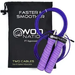 WOD Nation Attack Speed Jump Rope : Adjustable Jumping Ropes : Unique Two Cable Skipping Workout System : One Thick and One Light 11 Foot Cable : Perfect for Double Unders : Men and Women Purple
