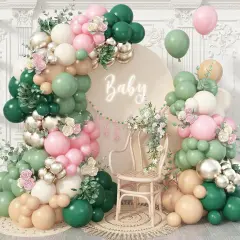 128Pcs Sage Green and Pink Balloon Arch Kit, Dusty Olive Green Blush Peach Beige Cream White Gold Latex Balloon Garland Kit
