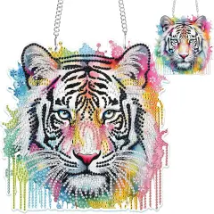 Tiger Diamond Painting Pendant Ornament for Adults Double Sided, Colorful Animal Diamond Art Hanging Pendant, DIY Special Crystal Diamond Gem Painting Board Kit for Window Home Decor