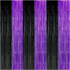 Graduation Decorations 2025 Purple Black Foil Fringe Backdrops, Black Purple Party Decorations Streamer Tinsel Curtains for Graduation Birthday Halloween Party(3 Pack)