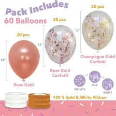 60 PACK Dandy Decor Rose Gold Balloons + Confetti Balloons w/Ribbon | Rosegold Balloons for Parties | Bridal & Baby Shower Balloon Decorations | Latex Party Balloons | Graduation, Engagement, Wedding