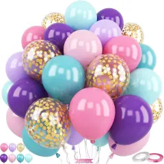 Pink Blue Purple Balloons, 60Pcs 12 Inch Pastel Macaron Pink Purple Teal Blue Gold Confetti Birthday Balloons for Kids Girls Princess Birthday Party Wedding Baby Shower Decorations