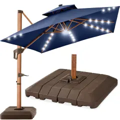 Best Choice Products 10ft Square Woodgrain Pattern 2-Tier Outdoor Solar LED Cantilever Umbrella w/ Base Navy Blue