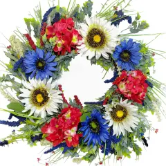 20 Inch 4th of July Independence Day Artificial Sunflower Red White and Blue Hydrangea Wreath Wall Decor