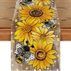 Wood Sunflower Bee Flower Polka Dot Summer Table Runner, Seasonal Kitchen Dining Table Decoration for Indoor Party Home 13x72 Inch