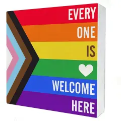 Rainbow Everyone is Welcome Here Wooden Box Sign Desk Decor LGBTQ Gay Pride Flag Wood Block Plaque Box Signs Gift for Home School Shelf Table Decoration (5 X 5 Inch)