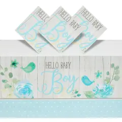 3 Pack Hello Baby Boy Plastic Table Covers for Baby Shower Decorations for Boys, Rustic Brid Design (Blue, 54 x 108 In)