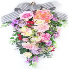 24-Inch Lighted Spring Peony Swag &ndash; Artificial Teardrop Wreath for Front Door