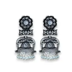 Indian Oxidized Jhumka Earrings for Women - Indian Oxidized Trishul Jhumki Ethnic Shiva Trident Chandbali Earrings Faux Pearls Bollywood Style Floral Dangle Earring Jewelry for Bride WHITE