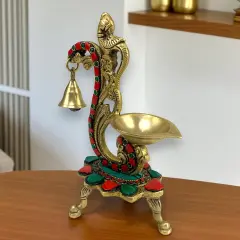 1CT Brass Oil Lamp Diya with Bells Oil Wick Diya for Home Temple Mandir Office Indian Festival Diwali Decoration Kathu Vilakku Puja Diya - Deepawali Housewarming Return Gift