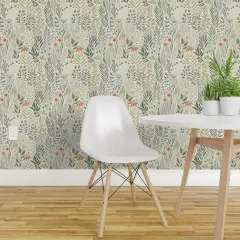 Pre-Pasted Wallpaper 2FT Wide Neutral Floral Green Beige Botanical Leaves Plant Marjoram Herb Custom Pre-pasted Wallpaper by Spoonflower