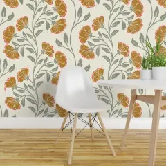 Pre-Pasted Wallpaper 2FT Wide Folk Floral Sage Green Bohemian Boho Stripes Block Print Refined Elegant Flower Mustard Gold Beige Custom Pre-pasted Wallpaper by Spoonflower