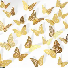 Crosize 48 Pcs Gold Butterfly Decorations, 4 Styles 3 Sizes, Butterfly Wall Decor, 3D Butterfly Party Decorations, Butterflies for Crafts, Bouquet, Cake Decorating, Flower Arrangements, Room D&eacute;cor