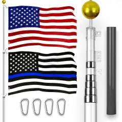 G128 Combo Pack: 20 Ft Telescoping Aluminum Flagpole (Silver) & American and Thin Blue Line Flags 3x5 Ft, Both ToughWeave Series Embroidered Polyester | Pole with Flags Included