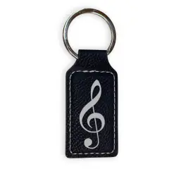 Keychain - Rectangle - Treble Clef Note - Leather Black/Silver