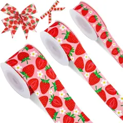 3 Roll Strawberry Grosgrain Ribbon Summer Fruit Ribbon for Wreath Bow Craft Gift Wrap Party Decor, 15 Yards