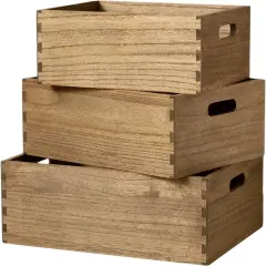 Nesting Wooden Crates with Portable Handles for Home Organizer - Wood Rustic Decor Farmhouse Boxes / Basket Rolling Trays set of 3 Dark Brown