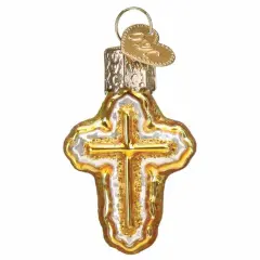 Old World Christmas 2.0 Inch Mini Cross Christmas Tree Ornament , Ornament Religious Green Hook Gold