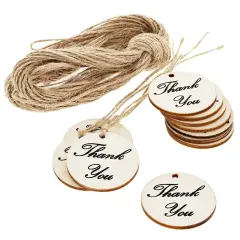 100-Pack Thank You Wood Tags with Twine for Wedding and Baby Shower themed Party Favors, 1.5 Inches Brown