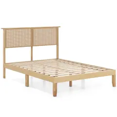 Natural Platform Bed Frame with Rattan Headboard and 12 Wooden Slats