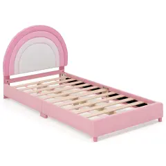 Velvet Kids Twin Bed with Adjustable Headboard Sturdy Wooden Frame and Soft Upholstery White & Pink