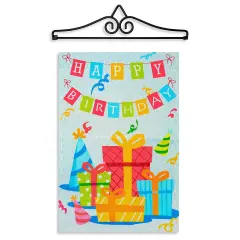 G128 Combo Pack Garden Flag Hanger 14IN & Garden Flag Happy Birthday Presents Printed 12x18IN Double Sided