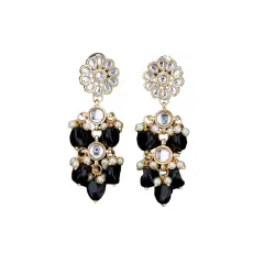 Indian Jhumka Earrings for Women - Large Floral Kundan Faux Pearls Drop Chanbali Earrings Indian Jhumki Ethnic Beaded Bollywood Style Dangle Earrings Jewelry for Bride Birthday Gift for Her BLACK