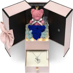 Real Rose Flower Gifts with Necklace Bear Light