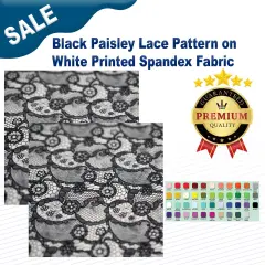 Black Paisley Lace Pattern on White Printed Spandex Fabric