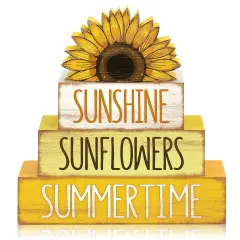 4 Pcs Summer Wooden Tiered Tray Decor Farmhouse Rustic Table Decor Books Stack Block Signs for Table & Home Office Decorations(Sunflower Style)