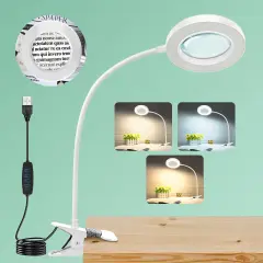 10X Magnifying Glass with Light, Clip on Mganifier with Light, 48 LED Desk Magnifying Glass wtih Clamp, 3 Modes Dimmable Magnifying LED Lamps for Bed Work Crafts DIY Repair White