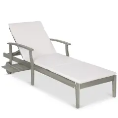 Best Choice Products 79x26in Acacia Wood Outdoor Chaise Lounge Chair w/ Adjustable Backrest, Table, Wheels Gray/Cream