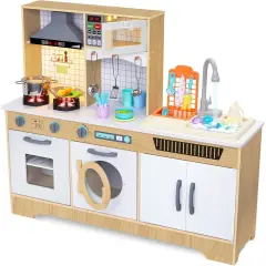 Lil' Jumbl Wooden Pretend Play Kitchen Set for Kids with Washer, Dryer, Sink, and Interactive Features Natural
