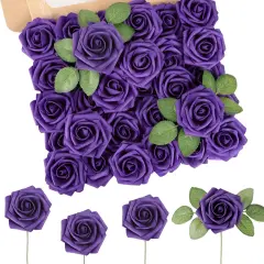 Artificial Rose Heads Purple Fake Roses Latex Foam Roses Real Looking Rose Heads with Stems Wedding Decor DIY Bouquets Party Home Decor