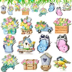 36 Pcs Vintage Spring Ornaments for Tree Decorations Wooden Hanging Tulip Floral Ornaments Spring Hawaii Decorations