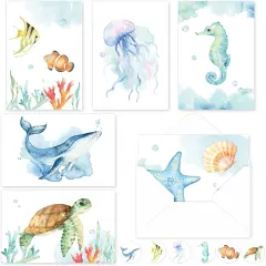 30 Pack Watercolor Ocean Greeting Cards Turtle Whale Jellyfish Stationery Cards with Envelopes Stickers Summer Sea Blank Note Cards for Party Invitation Supplies, 4 x 6 Inch