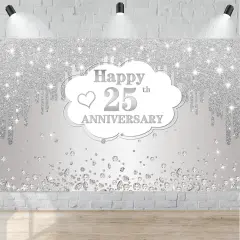 25th Wedding Anniversary Banner Decorations, Silver 25 th Wedding Anniversary