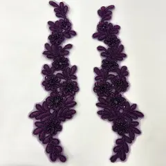 1 Pair 9.5" x 2" Each Side Beaded & Corded Floral Lace Applique Embroidered on 100% Polyester Net Mesh Purple
