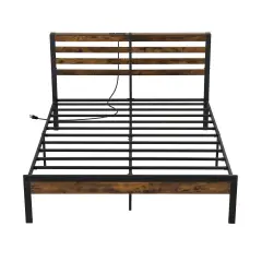 Rustic Brown Platform Bed Metal Frame with Charging Station and Storage Headboard