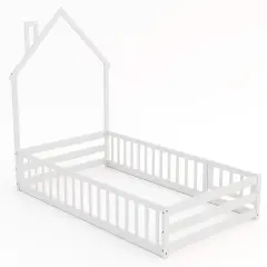 Wooden Twin Size Montessori Floor Bed with Lockable Door Guardrails and House Shape Design White