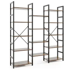 Rustic Brown 5-Tier Triple Wide Heavy-Duty Metal Frame Bookshelf with Adjustable Foot Pads