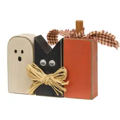 Rustic Halloween Wooden Sitters Set of 3 Cat Ghost Pumpkin Fall Tabletop Decor Accents