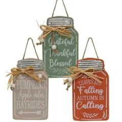 Autumn Wooden Ornaments with Raffia Bows and Jute Hangers for Rustic Home Decor 3 Asstd.