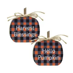 2 Asstd. Orange Buffalo Check Wooden Pumpkin Block for Fall Shelf Decor