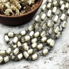 10x5mm Czech Glass Cream Pearl Chain w/Antique Bronze Caps -- Sold by the foot