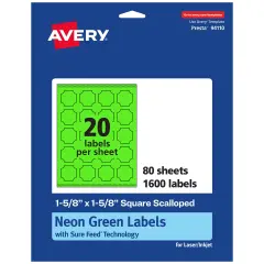 Avery Neon Green Paper Labels, 1-5/8" x 1-5/8" Square Scalloped
